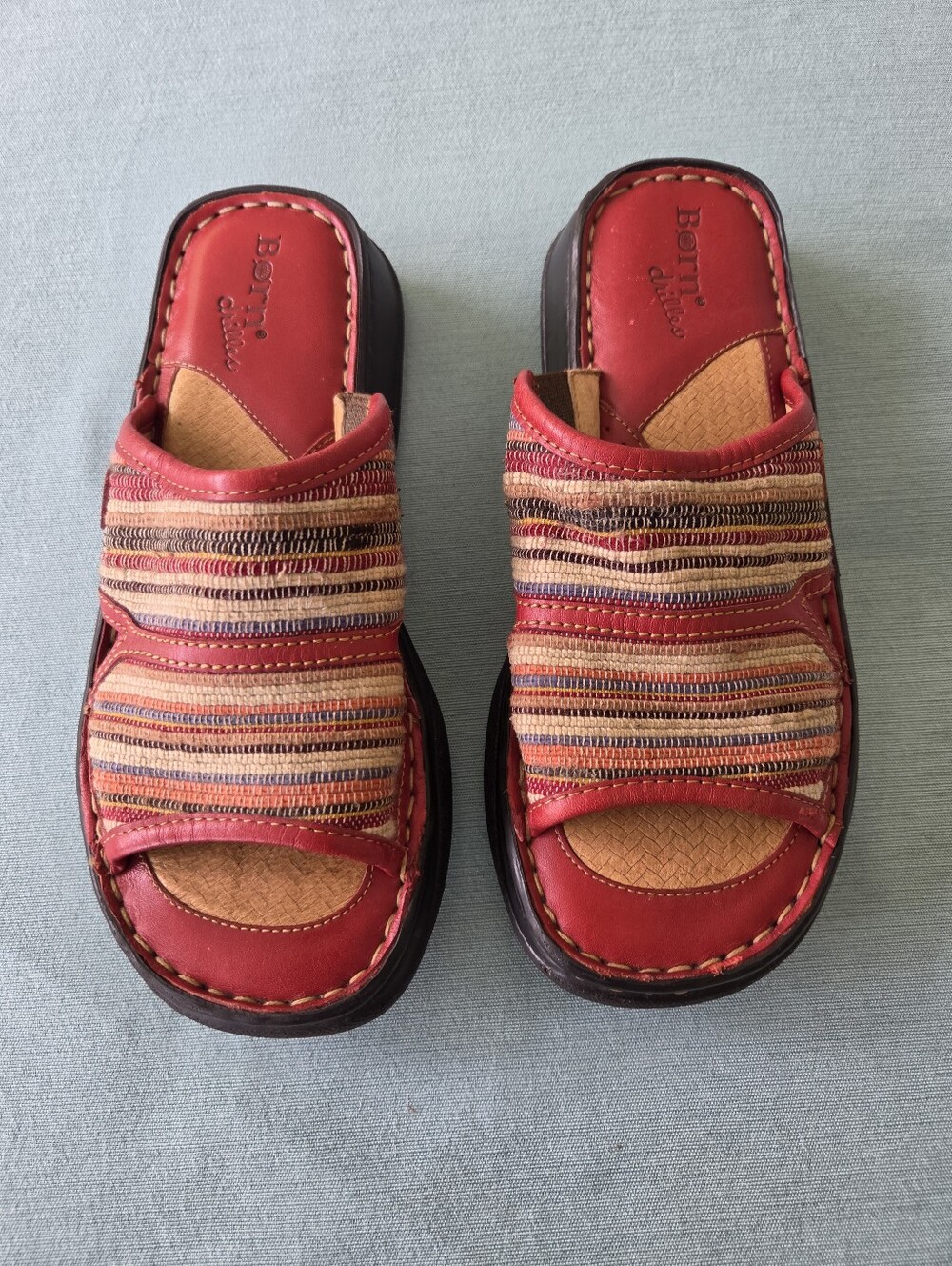 Born Red Multicolor Striped Leather And Cloth Slide Clogs. Sz 7/38